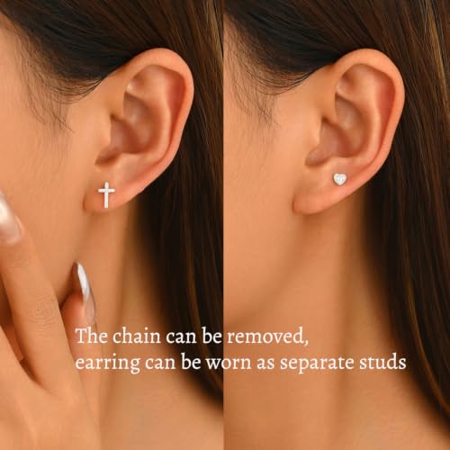 925 Sterling Silver Cross Heart Chain Stud Earring for Women - color: silvery