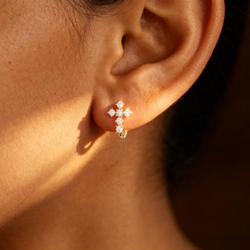 1 Pair Cubic Zirconia Cross Earrings,Dangle Drop Cross Earrings,Hypoallergenic Huggie Hoop Earrings,Gold Tone Hoop Earrings for Women Men,Trendy Dainty Christian Easter Christmas Jewelry Gift(Gold)