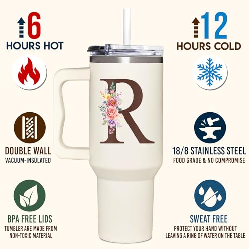 Personalized Gifts for Women, Customized Mother's Day, Birthday, Xmas Gift For Grandma, Mom, Wife, Friends, Sisters, Coworkers, Monogrammed Tumbler 40oz with Lid and Straw - color: R