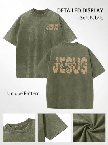Eatbook Christian Shirts for Men Women Jesus Faith Oversized Acid Wash Tops - color: Armygreen, size: Medium