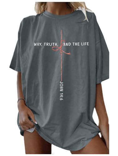 Christian Shirts for Women Oversized Bible Verse T-Shirt Jesus Religious Faithful Shirt Christ Crewneck Tee Top - color: Grey, size: Medium