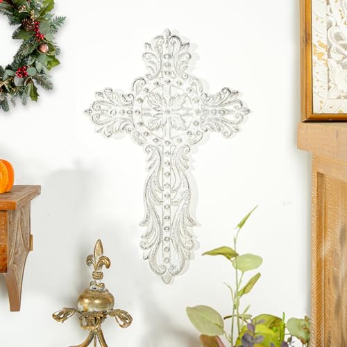 Sungmor Vintage Cast Iron Cross Wall Decor, 14.7 Inches Tall Rustic White - color: Vintage White