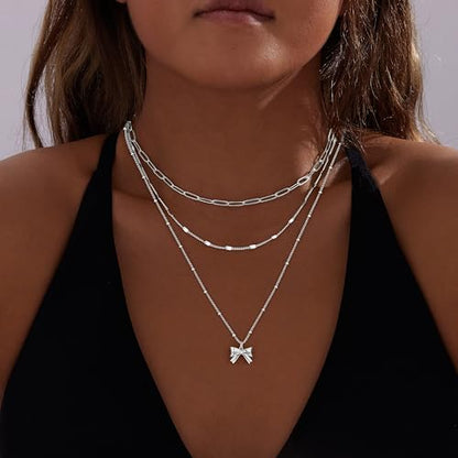 Poxtex Layered Gold Necklaces for Women, Stackable Dainty 14K Gold Silver Plated Trendy Simple Heart Diamond Cross Bow Circle Pendant Paperclip Choker Dot Chain Necklace,Jewelry Set Gifts for Women - color: Silver, style: Bow1