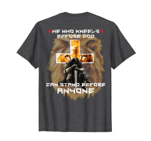Prayer Warrior Lion Judah Christian Cross Graphic Back Print T-Shirt - color: Dark Heather Grey, size: Small