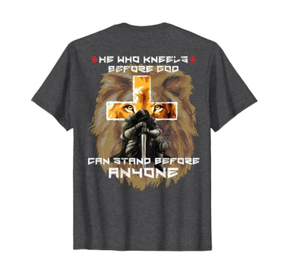 Prayer Warrior Lion Judah Christian Cross Graphic Back Print T-Shirt - color: Dark Heather Grey, size: Medium