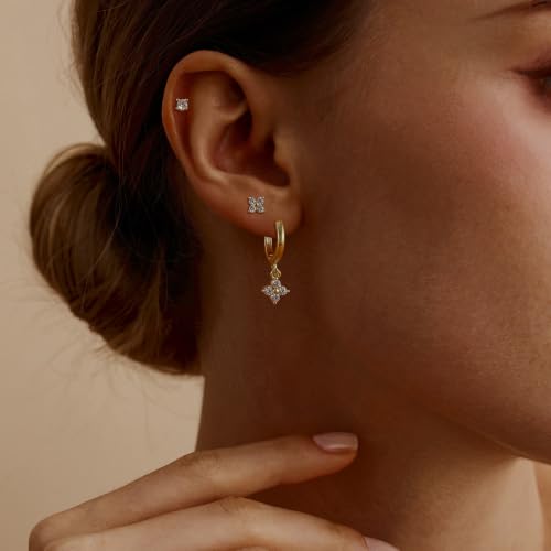 SHERLOVE Gold Earring Stacks Women 3Pairs Dangle Stud Huggie Hoop Set - color: 3 Pairs-Clover 01 Stud Gold