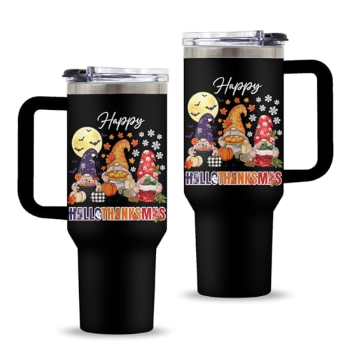 Gnome 40oz Tumbler, with Handle Straw, Insulated Sport Coffee Cup - color: HalloThanksMas