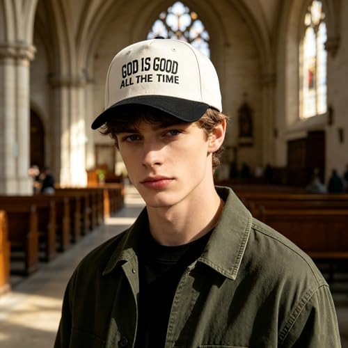 Embroidered Christian Two-Tone Baseball Cap for Men & Women, Adjustable Dad Hat Christmas Easter Gift - color: God is Good All the Time, Black/Beige