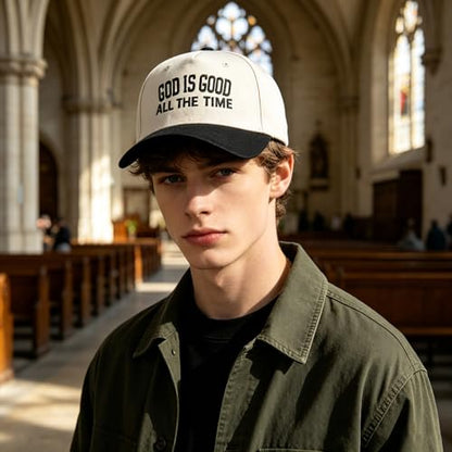 Embroidered Christian Two-Tone Baseball Cap for Men & Women, Adjustable Dad Hat Christmas Easter Gift - color: God is Good All the Time, Black/Beige