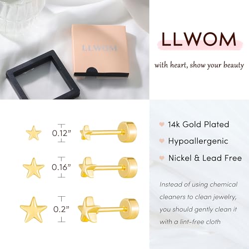 LLWOM 3 Pairs Tiny Flat Back Earrings, Hypoallergenic 14K Real Gold Plated Helix Cartilage Earrings Post Studs Jewelry for Women Gift - color: Gold-Star