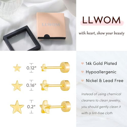 LLWOM 3 Pairs Tiny Flat Back Earrings, Hypoallergenic 14K Real Gold Plated Helix Cartilage Earrings Post Studs Jewelry for Women Gift - color: Gold-Star