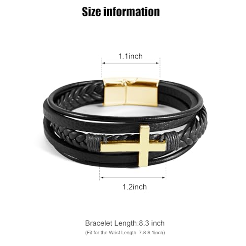 Leather Bracelet for Men Braided Stainless Steel Mens Bracelets - color: Black-GoldCross