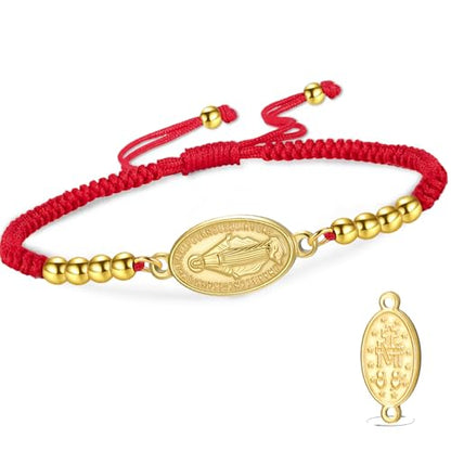 VASSAGO Virgin Mary Bracelet for Women Men Double-Sided Virgen de Guadalupe Rosary Bracelet Medal Handmade Braided Rope Catholic Christian Religious Jewelry Gift - color: gold-red string