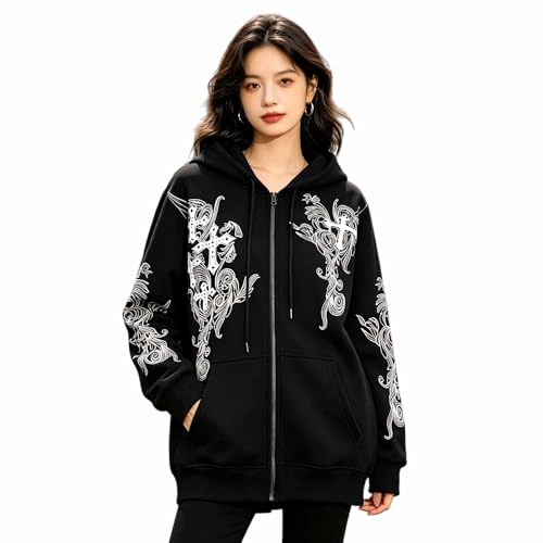 Zip Up Oversized Hoodies Women Men, Graphic Gothic Jackets Cross Hoodie, Baggy Streetwear Fleece Sweater Unisex - color: Black, size: Medium