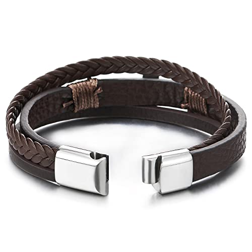 COOLSTEELANDBEYOND Mens Women Steel Horizontal Sideway Lateral Flat Cross Multi-Strand Leather Bangle Bracelet - color: B-Metal Color: Silver; Leather Color: Brown
