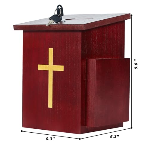 Offering Boxes for Church, Prayer Request Box with Slot and Lock - Wood Gold Cross Collection Fundraising Box Donation Charity Church Tithes - color: Dark Mahogany-1