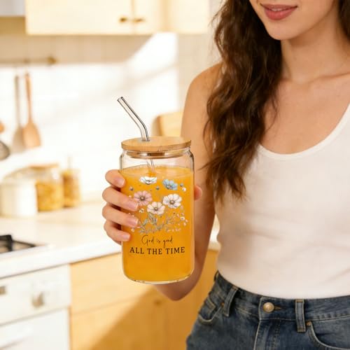 IWXYI Floral Christian Glass Cup with Lids and Straws 14oz, Christian Gifts for Women, God Is Good All the Time Bible Verse Religious Iced Coffee Tea Drinking Glasses with Cleaning Brush - color: Floral Christian