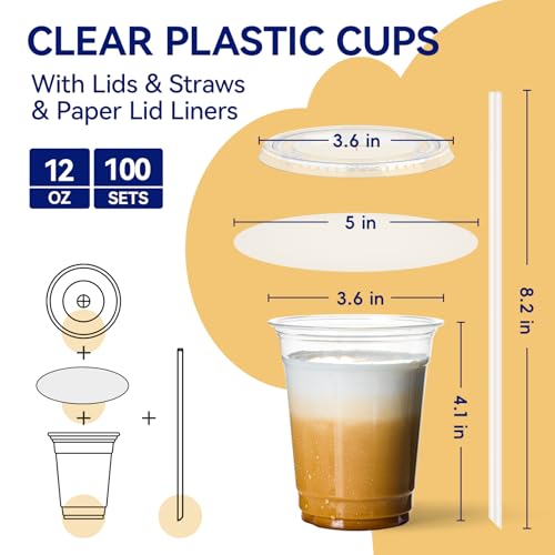 JOLLY CHEF Plastic Cups with Lids and Straws 12 oz Clear 100 Pack - size: 12 OZ - 100 Sets - Flat Lids
