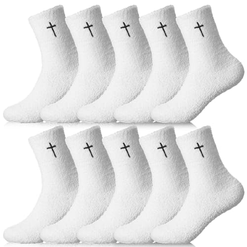 Cutecrop 5 Pairs Christian Gifts Socks Cross Print Fuzzy Socks Jesus Gifts Religious Fluffy Cozy Slipper Sock for Women Men - color: White