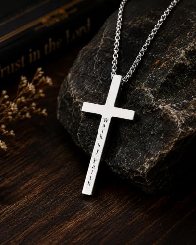 Engraved Cross Necklace for Men, Women & Boys & Girls Cross Necklace, Stainless Steel Cross Pendant Necklace, Faith & Inspiration Christian Jewelry Gift - color: Walk by Faith