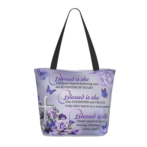 Tote Bag for Women，Everyday Carry Large Capacity Reusable Shopping Bag With Zipper For Groceries Work & Travel - color: Lila Schmetterling Blumen Kreuz