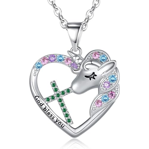 Easter Confirmation First Communion Baptism Gifts for Girls,Cross Birthstone Unicorn Necklaces for Daughter Granddaughter Niece Sister Christian Religious Gifts 16+3 Inches - color: 05.May