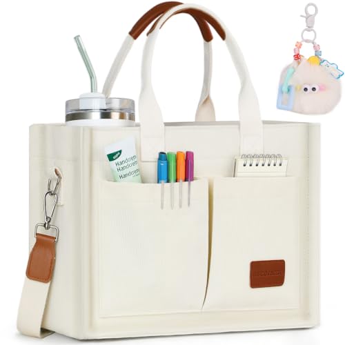 BECOJADDE Structured Canvas Tote Bag for Women, Multi-Compartment Zippered Purse for Work Bible Travel - color: Beige, size: Medium