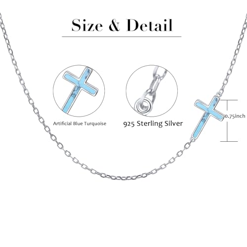 DAOCHONG S925 Sterling Silver Sideways Cross Choker Necklace 14+4 Inch - color: Silver-Created Turquoise