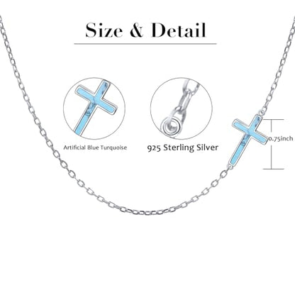 DAOCHONG S925 Sterling Silver Sideways Cross Choker Necklace 14+4 Inch - color: Silver-Created Turquoise