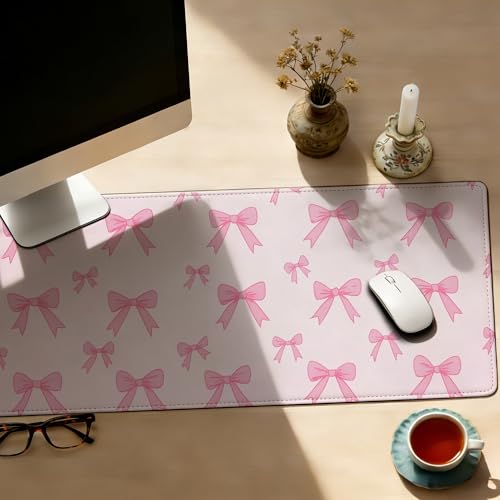 Pink Bow Mouse Pad,35.4 x 15.7 Inch Large Mouse Mat Non-Slip Rubber Stitched Edges for Writing Desk,Office,Home,Laptop - color: Pink Bow, size: 35.4L x 15.7W inches