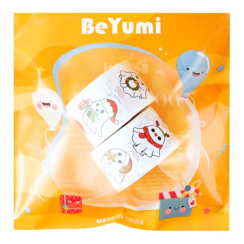 BeYumi Christmas Cute Ghost Stickers - 1000Pcs Christmas Cute Ghost Rolled Stickers in 2 Rolls Xmas Red Santa Hat Boo Adhesive Waterproof Vinyl Decals Holiday Party School Envelope Scrapbooking Decor - style: Christmas Boo