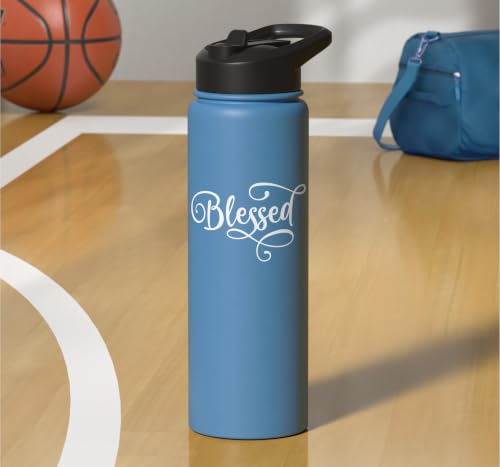Blessed White Fancy Script Christian Religious God Jesus Stainless Steel Insulated Water Bottle - color: Light Blue
