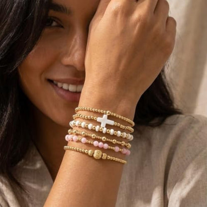 Gold Beaded Bracelets Stack for Women Stackable 14K Gold Plated Beads Ball Cross Bracelet Boho Christian Jewelry Faith Friendship Birthday Gifts for Women - color: 6pcs-Pink White