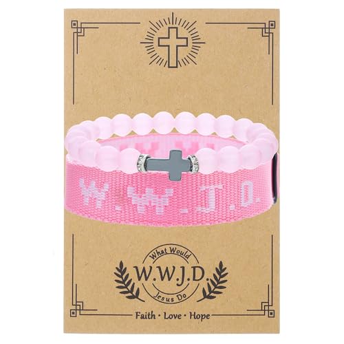 WWJD What Would Jesus Do Christian Stackable Bracelet Set for Women Men, Inspirational Faith Cross Beaded Elastic Wristbands, Religious Bible Verse Jewelry Gift for Church - color: Pink 2pcs