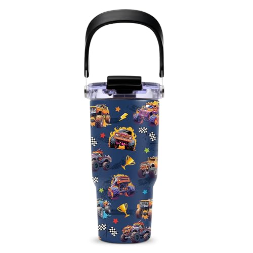 Monster Truck Tumbler with Top Handle and Flip Straw Lid 20oz Stainless Steel Insulated Travel Cups for Boys - Christmas Birthday Ideas for Monster Truck Kids Coffee Mugs - color: Truck02
