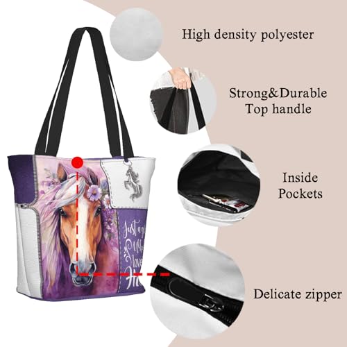 Women's Canvas Tote Bag with Zipper, Large Capacity Shoulder Bag for Work, Travel & Daily Use, Gifts for Mom - color: Just a Girl Who Loves Horses