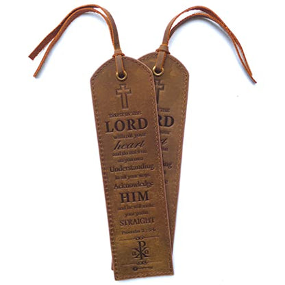 Leather Bible Bookmarks - 2 Leather Christian Bookmarks with Inspirational Bible Verse | Proverbs 3, 5-6 Trust in The Lord | Perfect Religious Book Marker Gifts for Men, Women, Readers and Friends - style: Proverbs 3:5-6