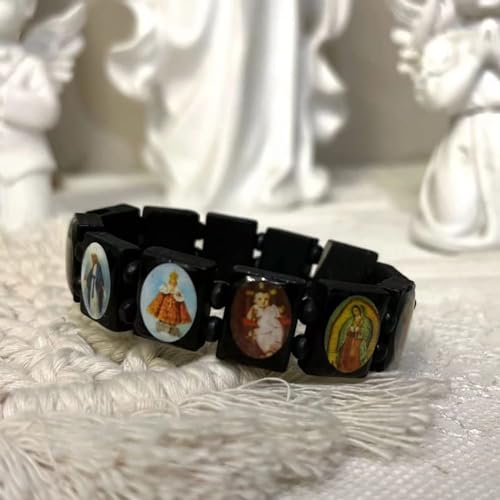 Fnjuucw 4pcs Wooden Jesus Bracelet Saints Rosary, Stretchable Wooden Small Panel Bracelet, with Images of Religious Saints Jesus Gift for Men & Women