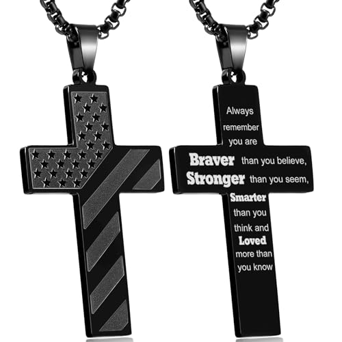 RWQIAN American Flag Cross Necklace for Men Bible Verse, Christian Religious Scriptures Faith Baptism 1st First Communion Pendant Chain for Boys, Fathers Dad Day Graduation Jewelry Gifts for Him - color: Black, style: Always Remember