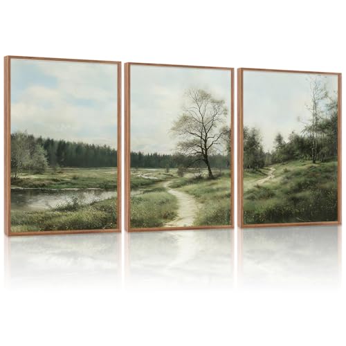 LHIUEM Vintage Countryside Landscape Framed Canvas Wall Art Set of 3(12”X16”) Spiritual Pathway Framed Wall decor Country Scenery Artworks Rustic Wilderness Paintings for Living Room, Bedroom, Office - color: Landscape 1