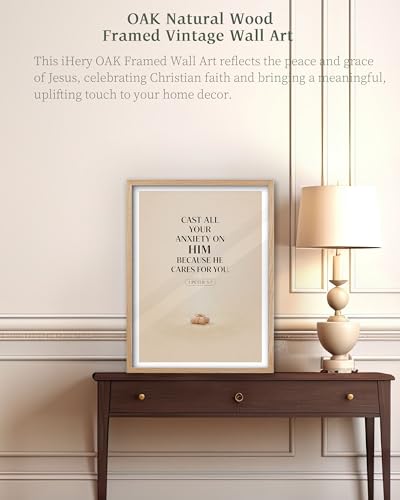 iHery 12x16in 1 Peter 5:7 Cast Your Anxiety Framed Christian Wall Art - color: OAK Framed Cast, size: 16"L x 12"W