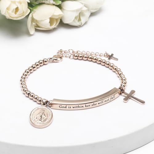 DS Women Christian Charm Bracelet,Cross Scripture Stainless Steel Jewelry - style: God is Within Her She Will Not Fall-Rose Gold