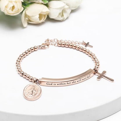 DS Women Christian Charm Bracelet,Cross Scripture Stainless Steel Jewelry - style: God is Within Her She Will Not Fall-Rose Gold