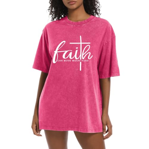Christian Shirts for Women Faith Can Move Mountains Acid Wash Graphic Shirt Jesus Religious Bible Verse Tee Tops - color: Pink, size: Medium