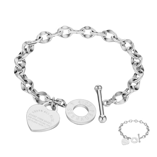 Heart Charm Bracelet Plated 18K Gold/Silver/Rose Gold Bible Scripture Heart Bracelet for Women Jewelry Gift Her Link Chain OT Clasp Stainless Steel - color: Silver（8.1 inch）