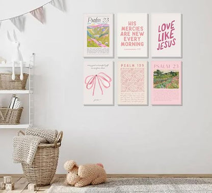 6Pcs Christian Wall Art Pink Bible Verse Scripture Wall Decor Framed - size: 12x16 in Wrapped Canvas