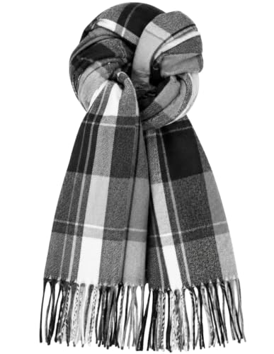 Fall Winter Plaid Scarf for Women Soft Tassel Scarves Oversized Shawl Wraps - color: Black and White
