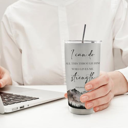 Christian Inspirational 20oz Travel Coffee Mug Tumbler, Christian Gifts for Women Men, Mountain Landscape Bible Verse Religious Stainless Steel Tumbler with Lid and Straw - color: strenhth
