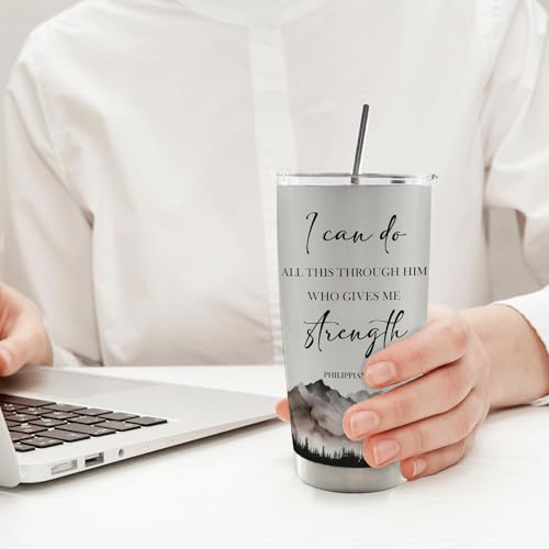 Christian Inspirational 20oz Travel Coffee Mug Tumbler, Christian Gifts for Women Men, Mountain Landscape Bible Verse Religious Stainless Steel Tumbler with Lid and Straw - color: strenhth