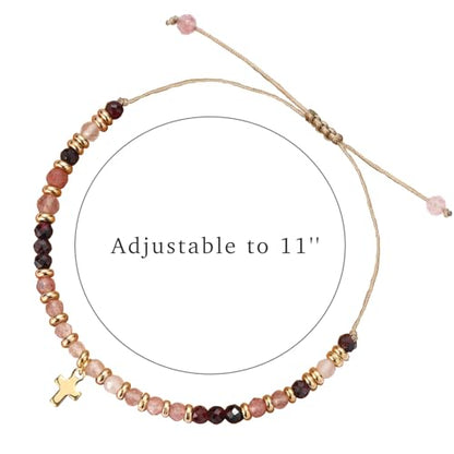 Christian Gifts for Women, Cross Bracelet, Natural Stone Beaded Jewelry - color: Pink